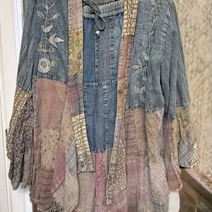 Young Threads Patchwork Denim Jacket with Floral Embroidery and matching pants.